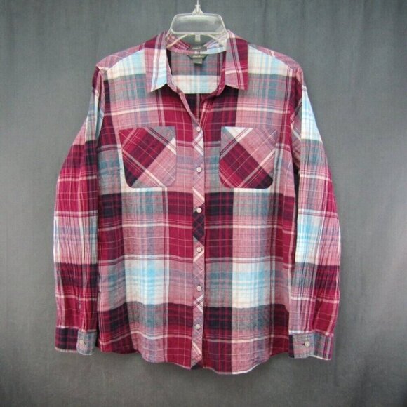 Eddie Bauer Red Blue Plaid Crinkle Button Up Top Womens Size XL Classic Fit - Picture 7 of 7